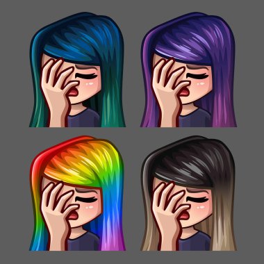 Duygu simgeleri facepalm kadın, sosyal ağlar ve çıkartmaları için uzun kıllar