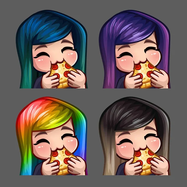 Emotion icons happy female eat pizza with long hairs for social networks and stickers