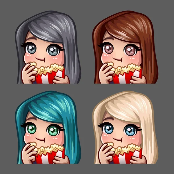 Emotion icons happy female eat popcorn with long hairs for social networks and stickers