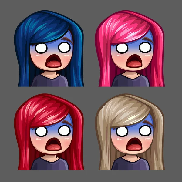 Emotion icons scared female with long hairs for social networks and stickers