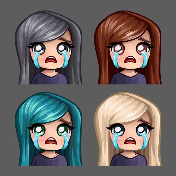 Emotion icons crying female with long hairs for social networks and stickers