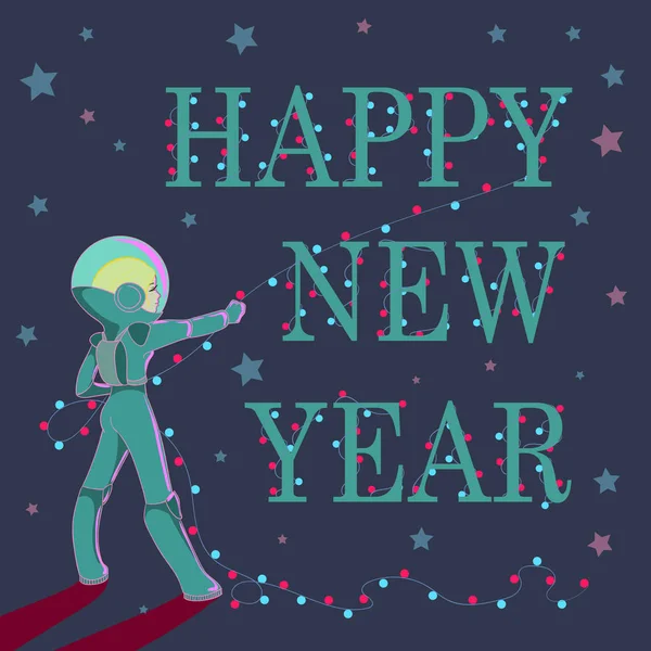 우주비행사와 함께 행복 한 새해 축하 카드 — 스톡 벡터