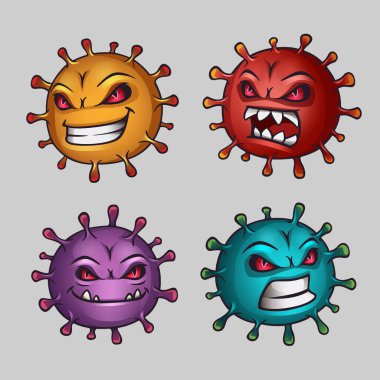 Yüzleri olan Coronavirus karakterleri. Vektör illüstrasyonu