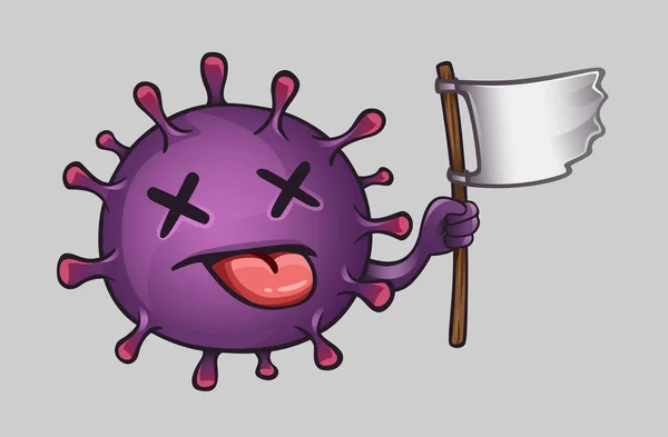 Coronavirus Púrpura Personaje Muerto Con Bandera Blanca Ilustración Vectorial — Vector de stock