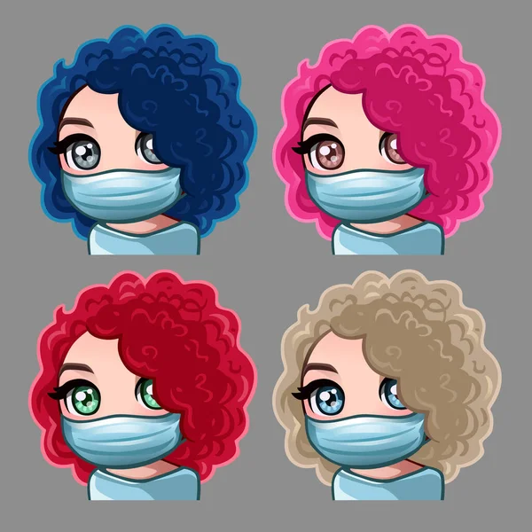 Ícones Emoção Mulheres Encaracoladas Máscara Médica Para Redes Sociais Adesivos — Vetor de Stock