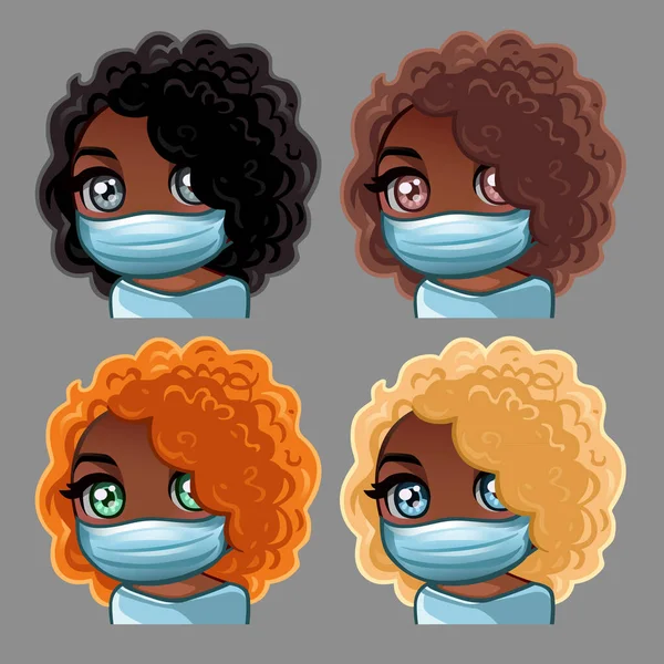 Emoción Iconos Afroamericanos Rizado Mujeres Máscara Médica Para Las Redes — Archivo Imágenes Vectoriales