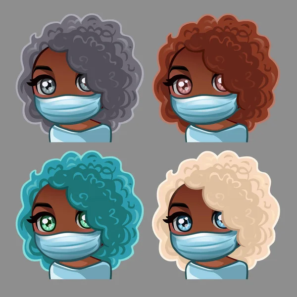 Emoción Iconos Afroamericanos Rizado Mujeres Máscara Médica Para Las Redes — Archivo Imágenes Vectoriales