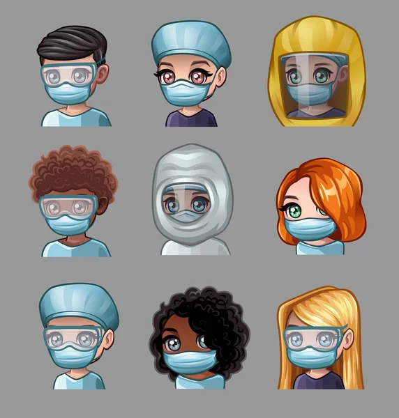 Conjunto Médicos Dibujos Animados Con Máscaras Protectoras Ilustración Vectorial — Archivo Imágenes Vectoriales