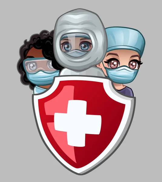 Escudo Médicos Com Máscaras Ilustração Vetorial — Vetor de Stock