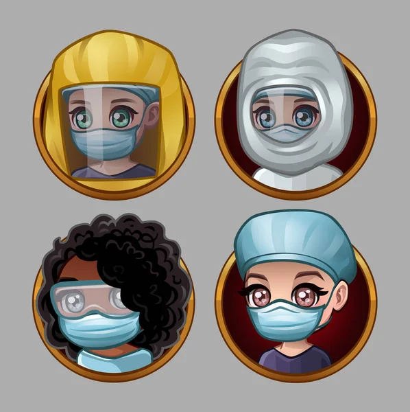 Set Cartoon Doctors Protective Masks Vector Illustration — Stock Vector