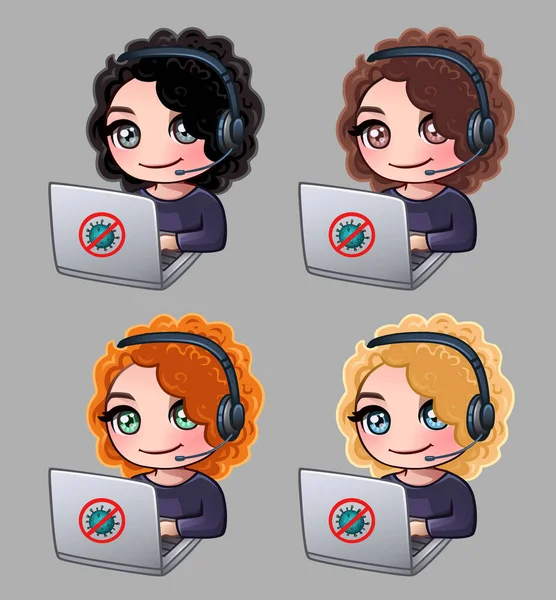 Las Mujeres Rizadas Con Auriculares Portátiles Trabajan Casa Ilustración Vectorial — Vector de stock