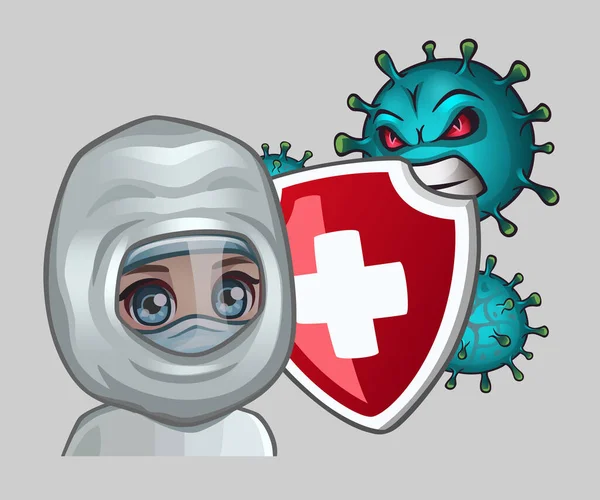 Doctor Con Escudo Virus Agresivos Ilustración Vectorial — Vector de stock