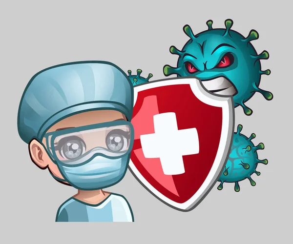 Doctor Con Escudo Virus Agresivos Ilustración Vectorial — Archivo Imágenes Vectoriales