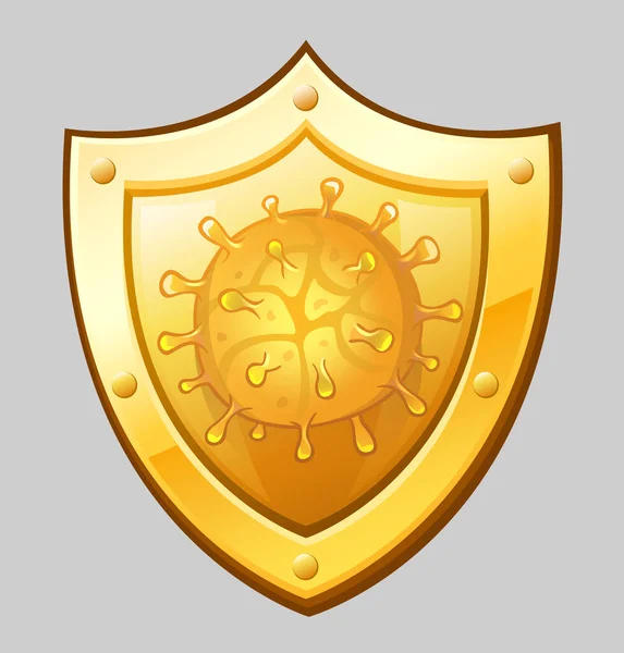 Escudo Dourado Com Ícone Coronavírus Ilustração Vetorial — Vetor de Stock