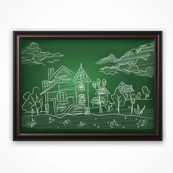 Child chalk hand drawing landscape on blackboard — Stock Vector