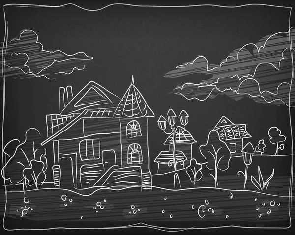 Criança giz mão desenho paisagem no quadro negro — Vetor de Stock