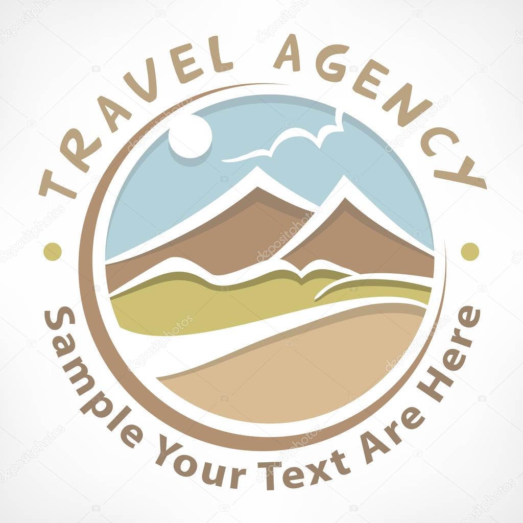 Travel logo. Pastel round symbol with stylized landscape and text. Concept sign for agency. Vector illustration