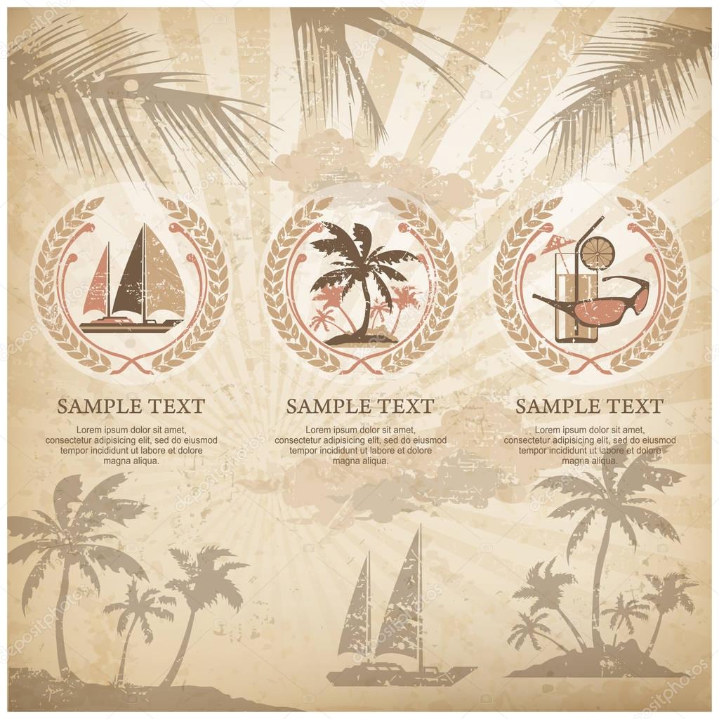 Set of travel symbols and signs with stylized landscape, concept logo sign for agency, vintage. Vector illustration.