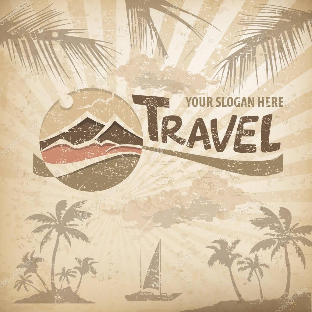 Travel logo, pastel round symbol with stylized landscape and text, concept sign for travel agency. Vector illustration.