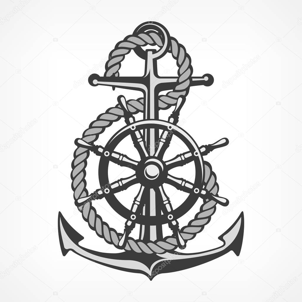 Anchor with rope and steering wheel