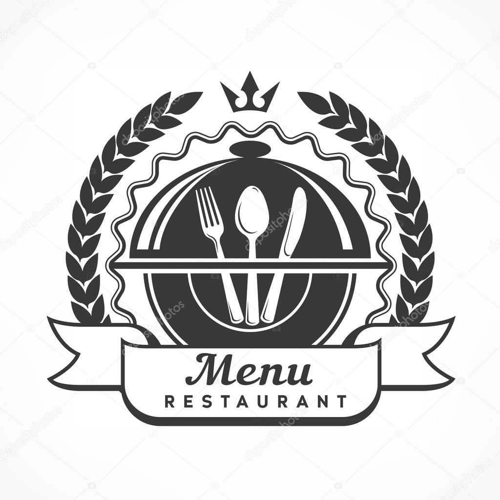 Design menu label with fork, spoon knife, emblem for restaurant, on white. Vector illustration.