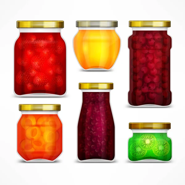 Natural fruit jam preserves jars — Stock Vector