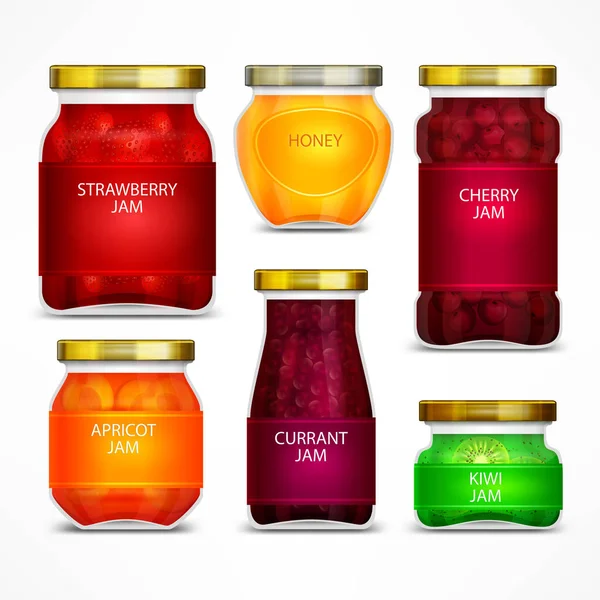 Engarrafamento de frutas caseiro frascos com etiqueta —  Vetores de Stock