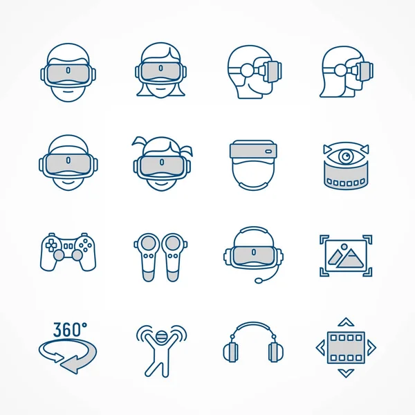 Virtual Reality Lineares blaues Icon Set — Stockvektor
