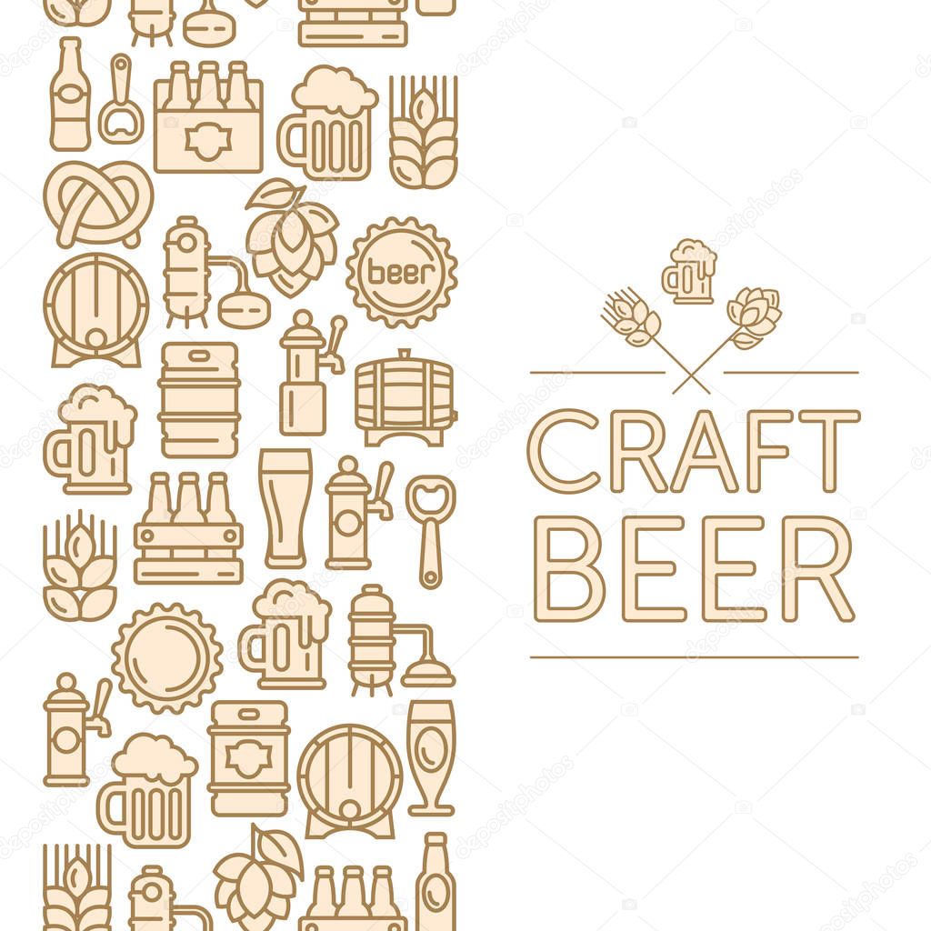 Vintage banner for craft brewery, linear icons and text on white. Vector illustration.