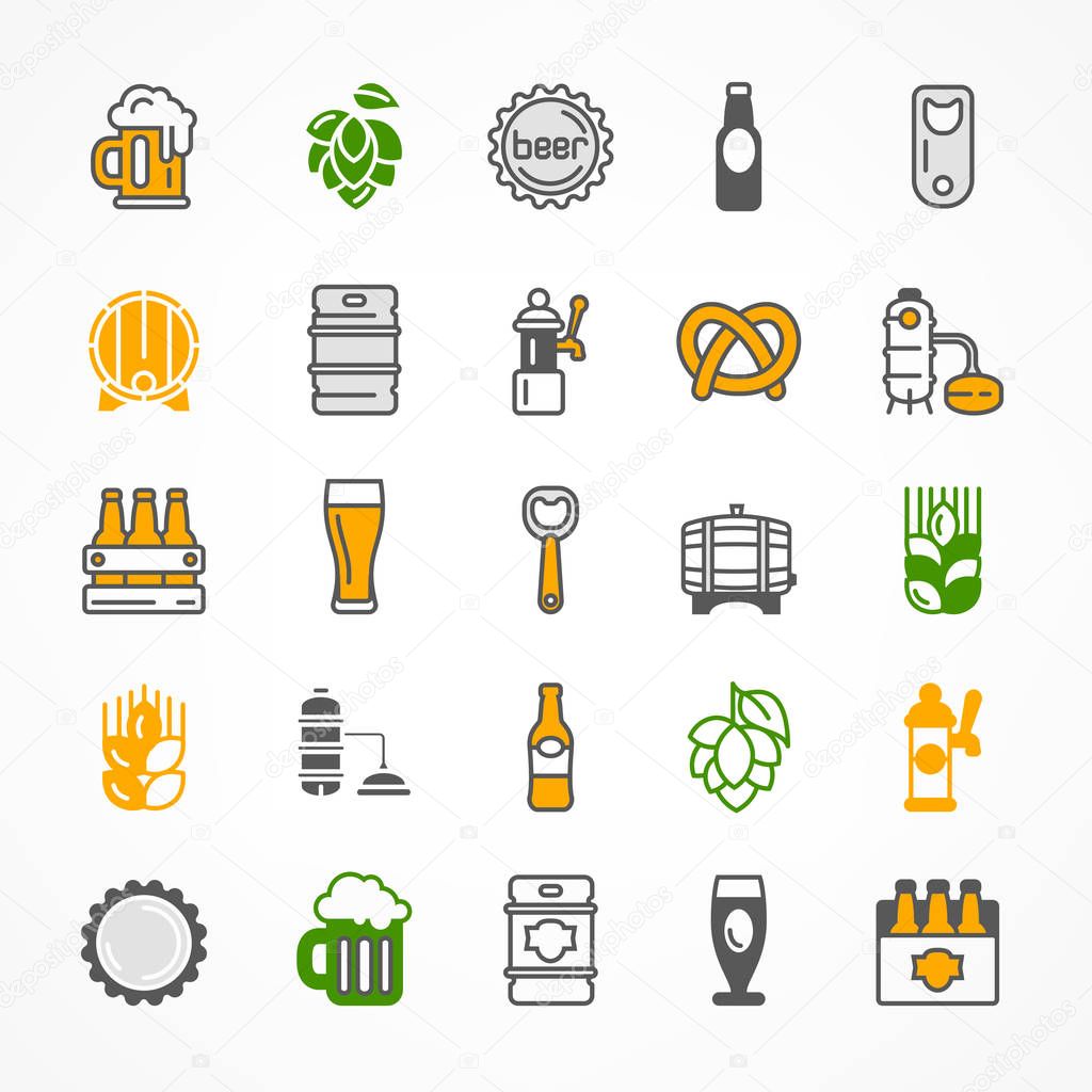 Set of color beer icons isolated on white, for craft brewery. Vector illustration.