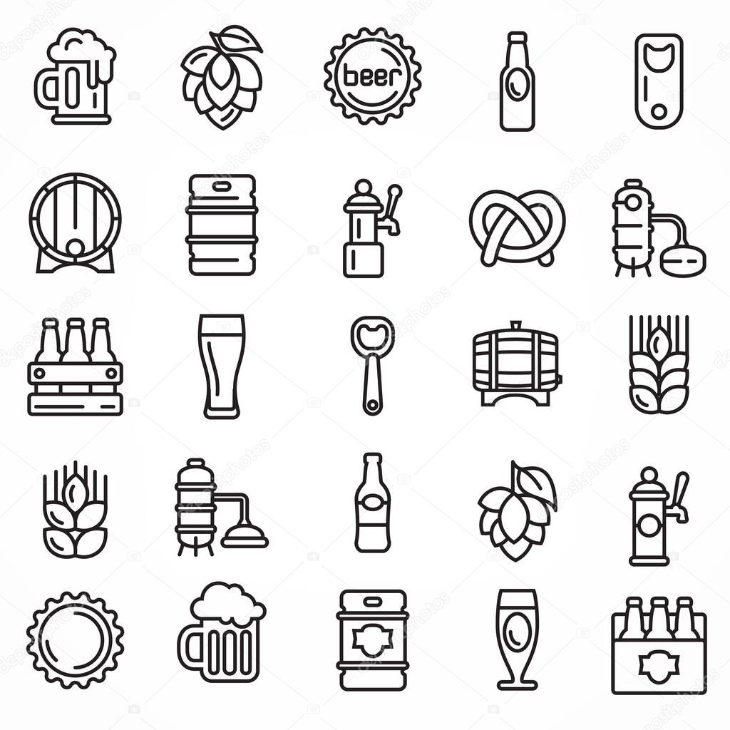 Set of linear beer icons isolated on white, for craft brewery. Vector illustration.
