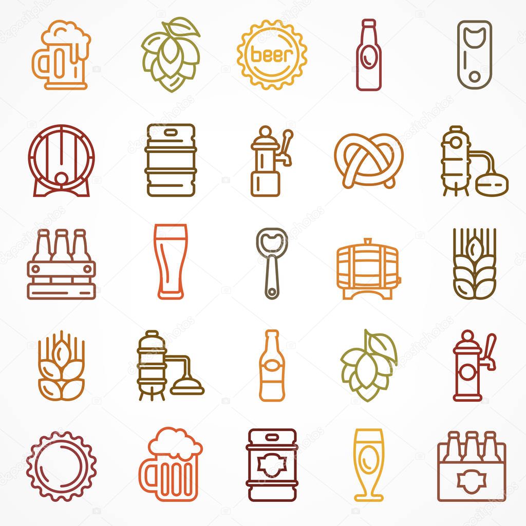 Set of linear color beer icons isolated on white, for craft brewery. Vector illustration.