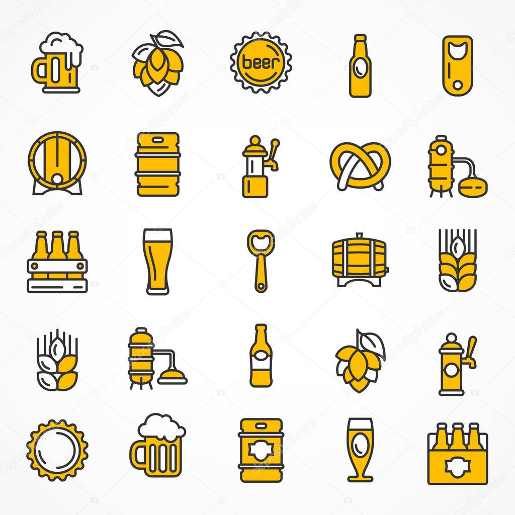 Set of linear yellow beer icons isolated on white, for craft brewery. Vector illustration.