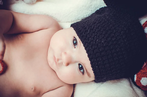 Little Cute Girl Black Knitted Hat Looks World Curious Eyes — Stock Photo, Image
