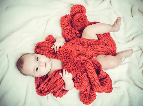 Portrait Little Girl Wrapped Large Red Scarf — Stock Photo, Image