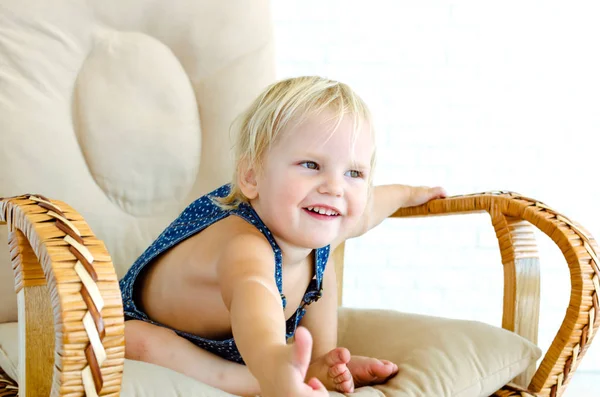 Emotional Child Have Fun Little Girl Rides Rocking Chair Background — Stock Photo, Image