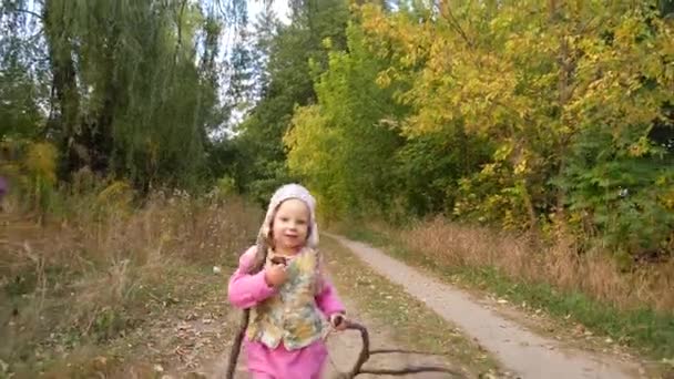 En flicka samlar ved i skogen. Barnet bär ved till elden. — Stockvideo