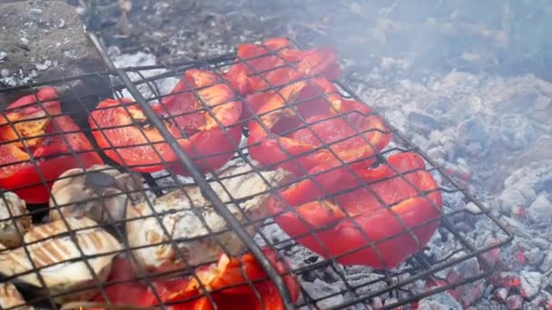 Grilovaná zelenina. Zelenina na grilu přímo nad ohněm. — Stock video