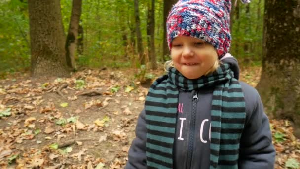 Retrato de otoño de una niña con sombrero y bufanda. El niño camina en el bosque . — Vídeos de Stock