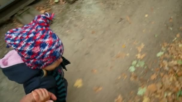 Het meisje loopt en haar vaders hand houdt. Herfst bos. — Stockvideo