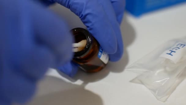 L'assistant de laboratoire compose la composition sur les bâtons de cotonus. Gros plan des mains avec des gants en laboratoire . — Video