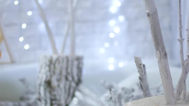 Neujahrsdekor in weißen Farben. Kugeln wie Orangen an schneeweißen Bäumen. das Video ist für den Hintergrund geeignet — Stockvideo