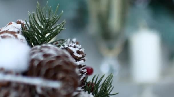 Christmas spirit. A glass of champagne in the New Years decor of the house — Stock Video