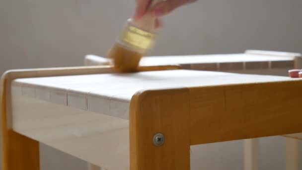 Atelier en bois. Application de vernis protecteur sur bois . — Video