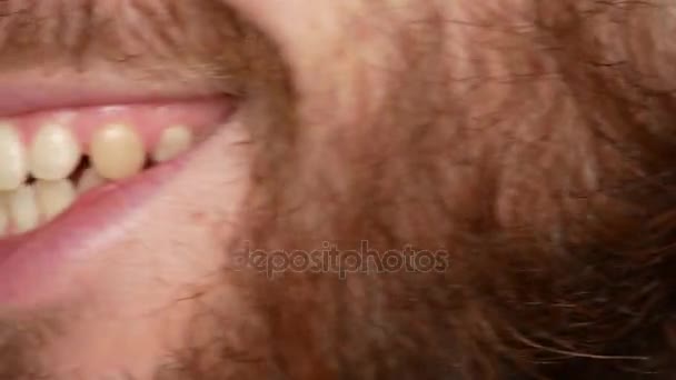 Close-up de um homem barbudo. Ele transforma a cabeça numa moldura e sorri. Os dentes dos rapazes estão partidos. — Vídeo de Stock