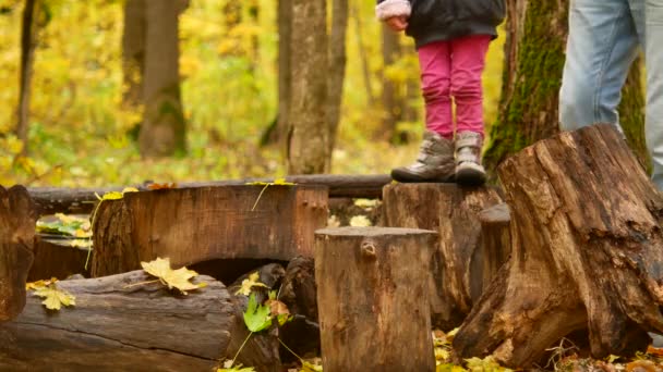 Kind im Herbstwald. ein Mädchen springt von einem Hanf auf einen Baumstumpf. — Stockvideo