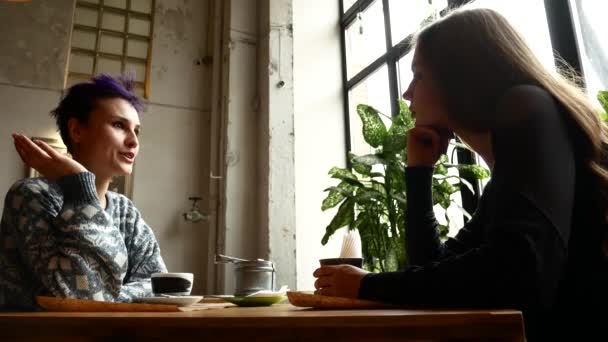 Deux copines qui parlent dans un café. Copines au petit déjeuner boire du café et discuter de commérages — Video