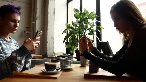 Dwie dziewczyny dziewczyny siedzą w kawiarni i patrząc w swoich telefonach — Wideo stockowe