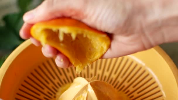 女孩用手将果汁挤出半橙汁 — 图库视频影像
