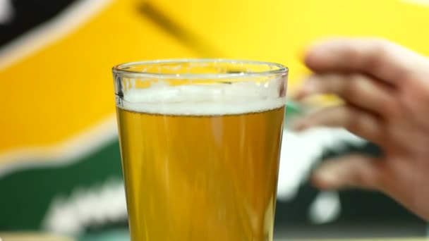 Sklo tmavé a světlé pivo close-up. IPA a loudal v pivní sklenice. Přátel pijí pivo v baru — Stock video